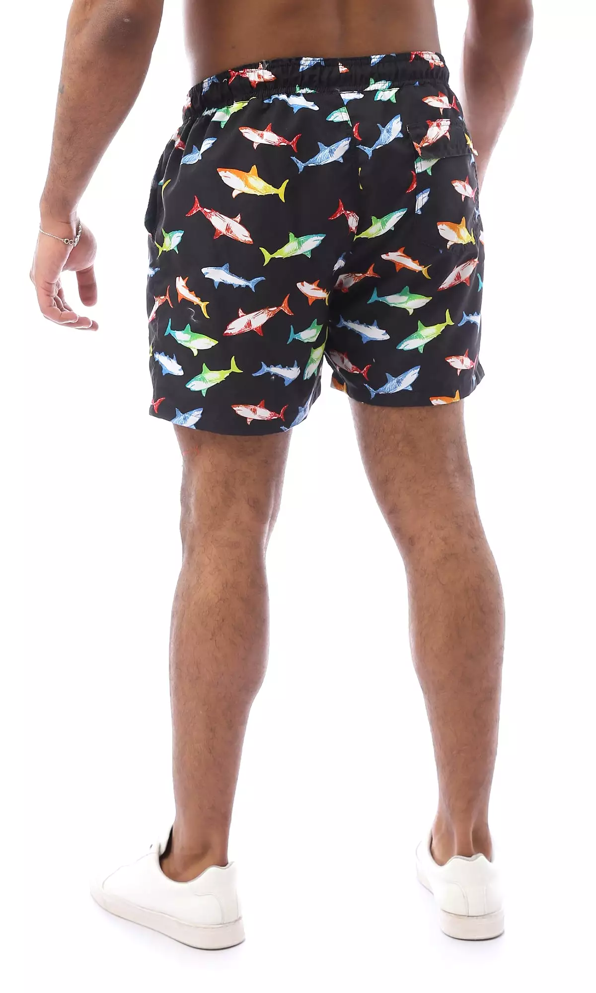 O167847 Colorful Sharks Slip On Black Swim Shorts