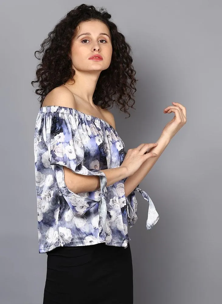 Off Shoulder Printed Satin Top  with Slit Sleeve