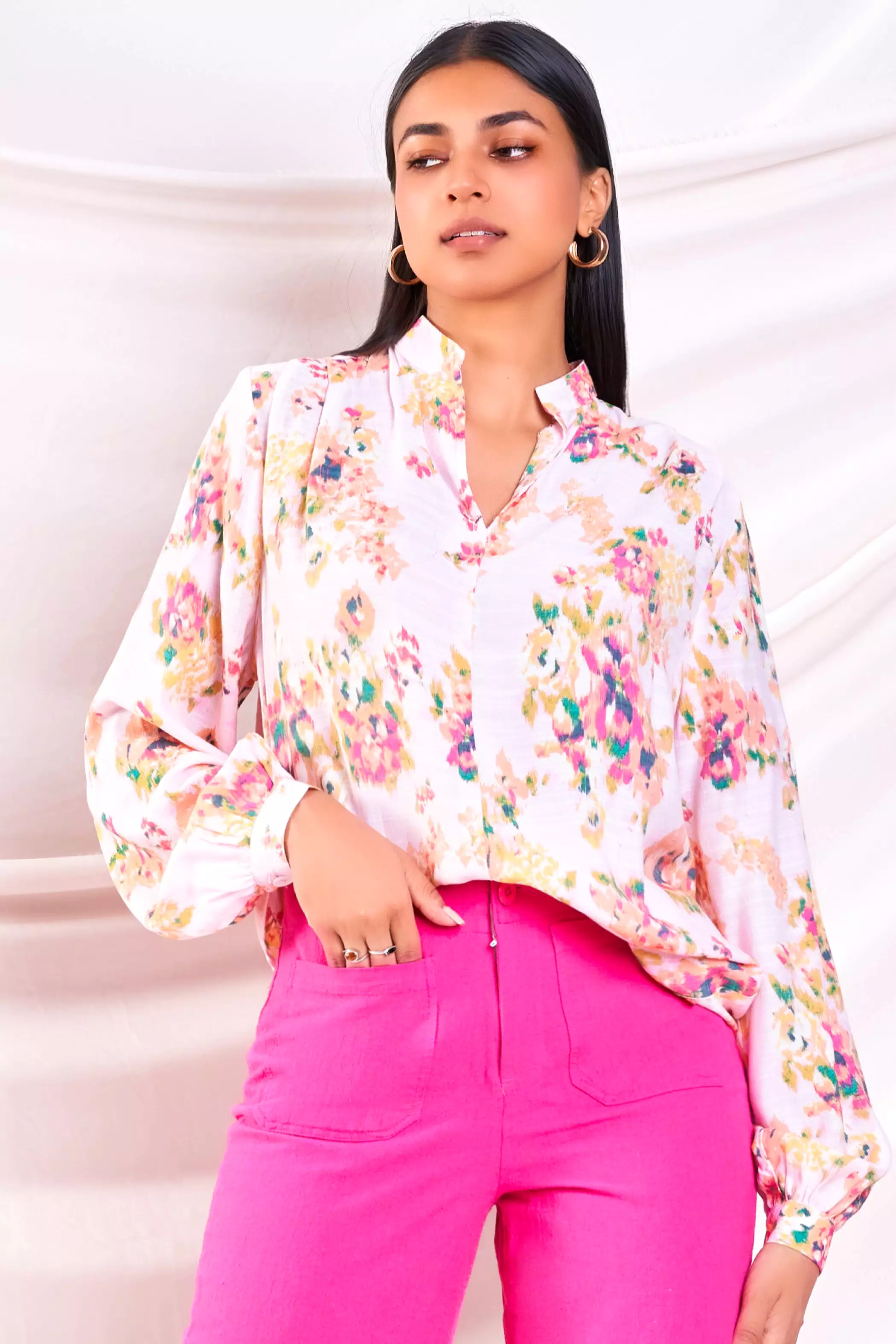 Pink Printed Chinese Collar Top