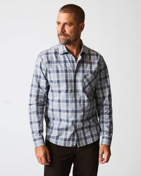 PLAID JOHN T LS SHIRT, GREY BLUE