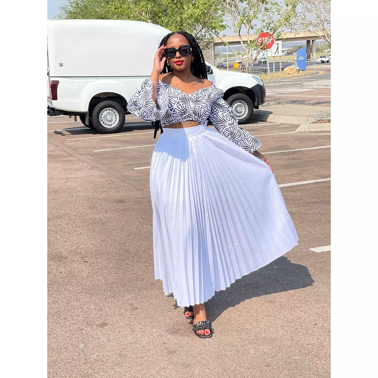 Pleated Skirt and Off shoulder Top Set