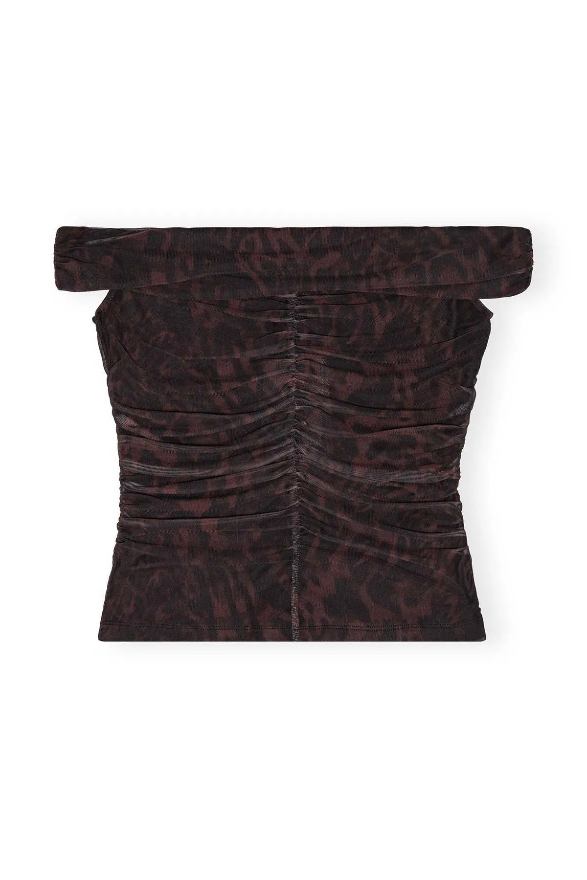 Printed Mesh Off Shoulder Ruched Top - Bitter Chocolate