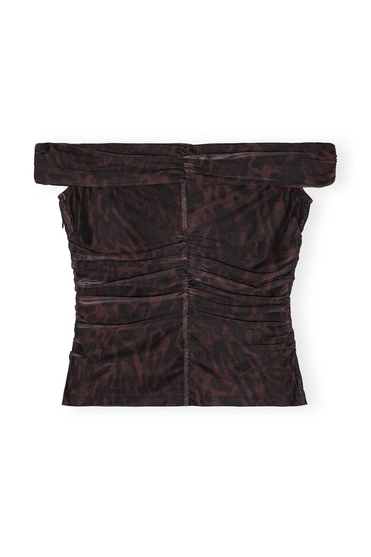 Printed Mesh Off Shoulder Ruched Top - Bitter Chocolate