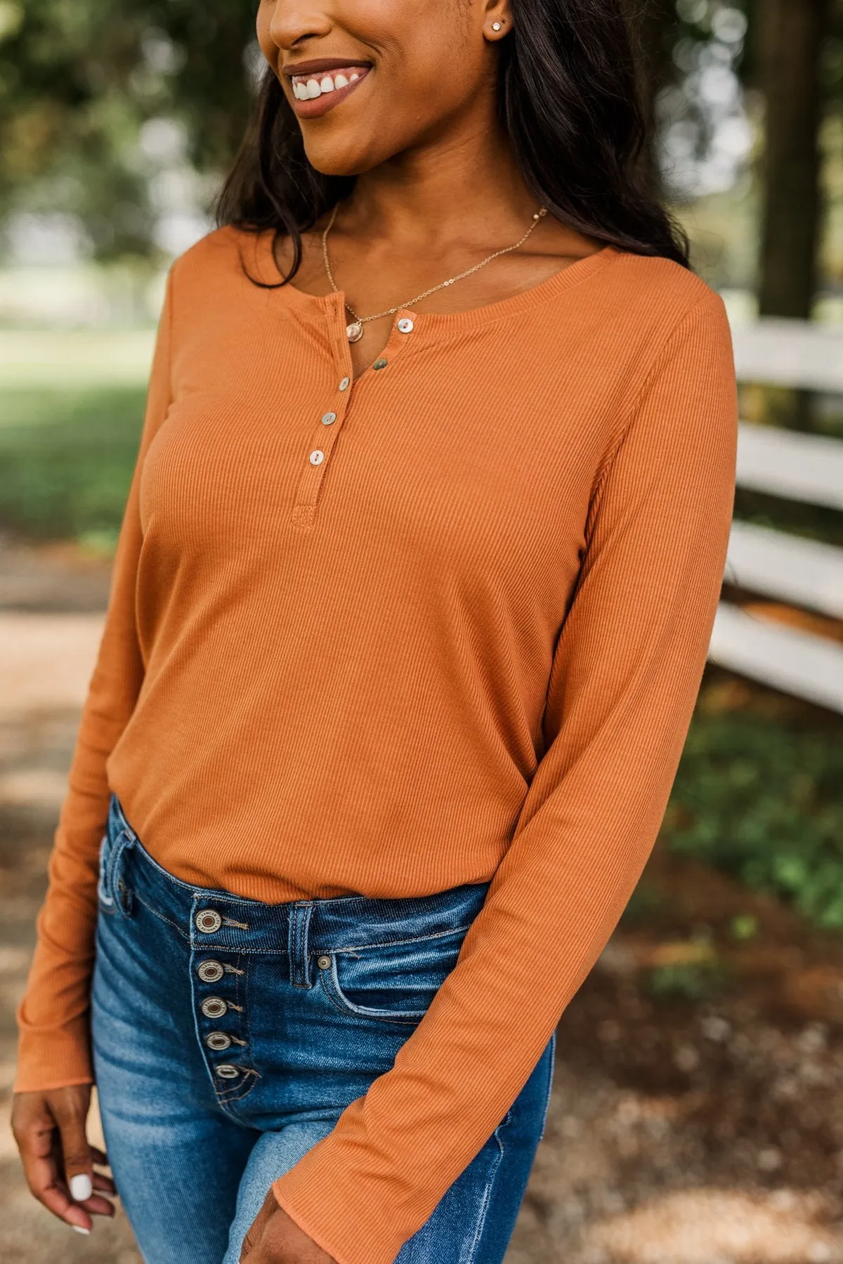 Rise To The Top Long Sleeve Henley Top- Dark Camel