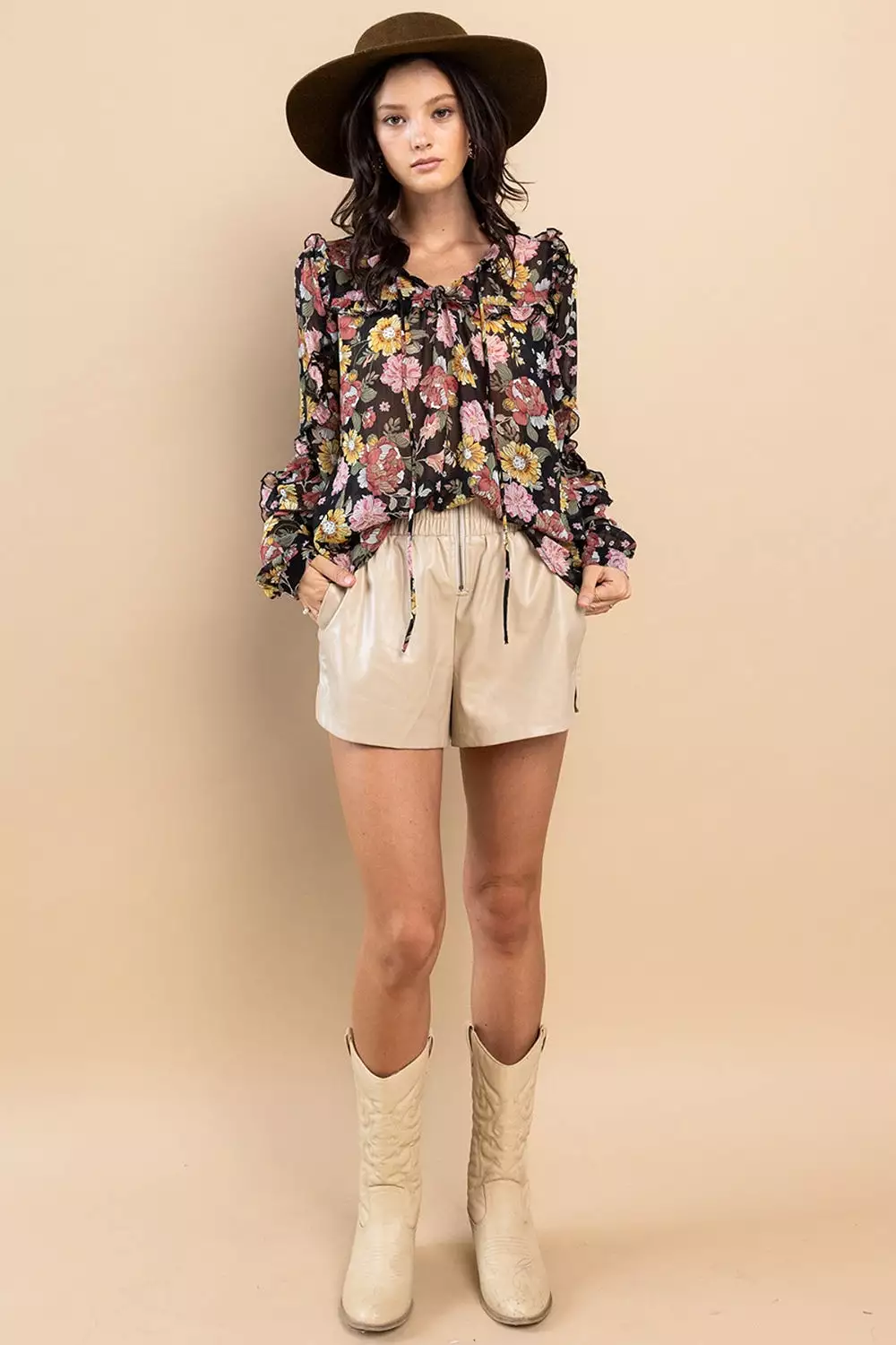 Ruffle Trim Long Sleeve Floral Blouse