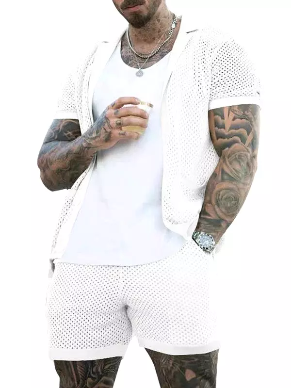 See-Through Short-Sleeved Men Cardigan Outfit Set