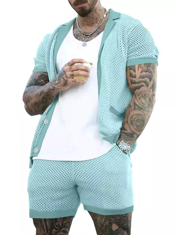 See-Through Short-Sleeved Men Cardigan Outfit Set