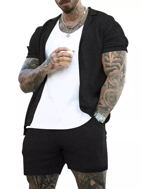 See-Through Short-Sleeved Men Cardigan Outfit Set