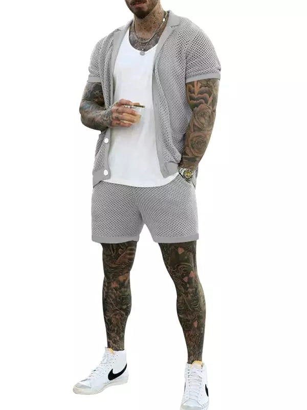 See-Through Short-Sleeved Men Cardigan Outfit Set