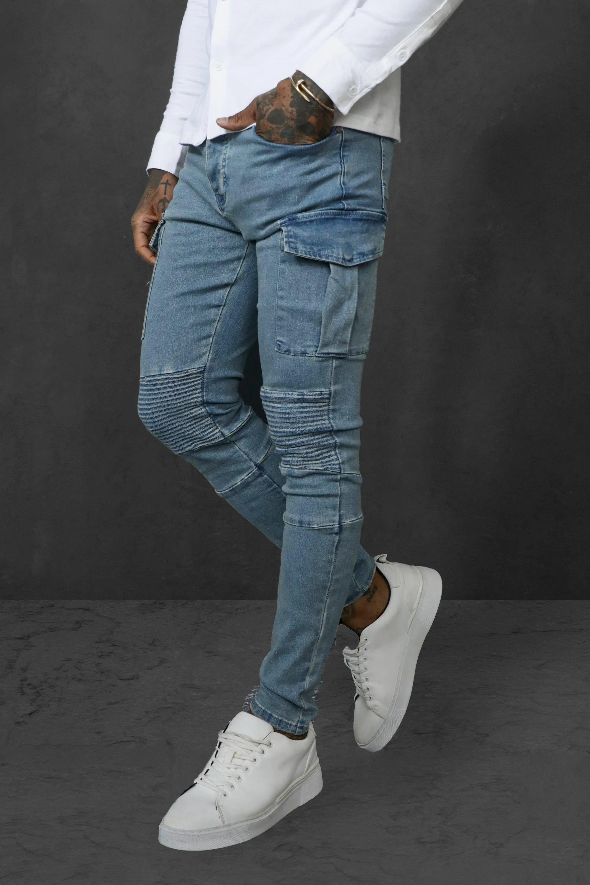 Skinny Multi Pocket Biker Cargo Jeans | boohooMAN UK