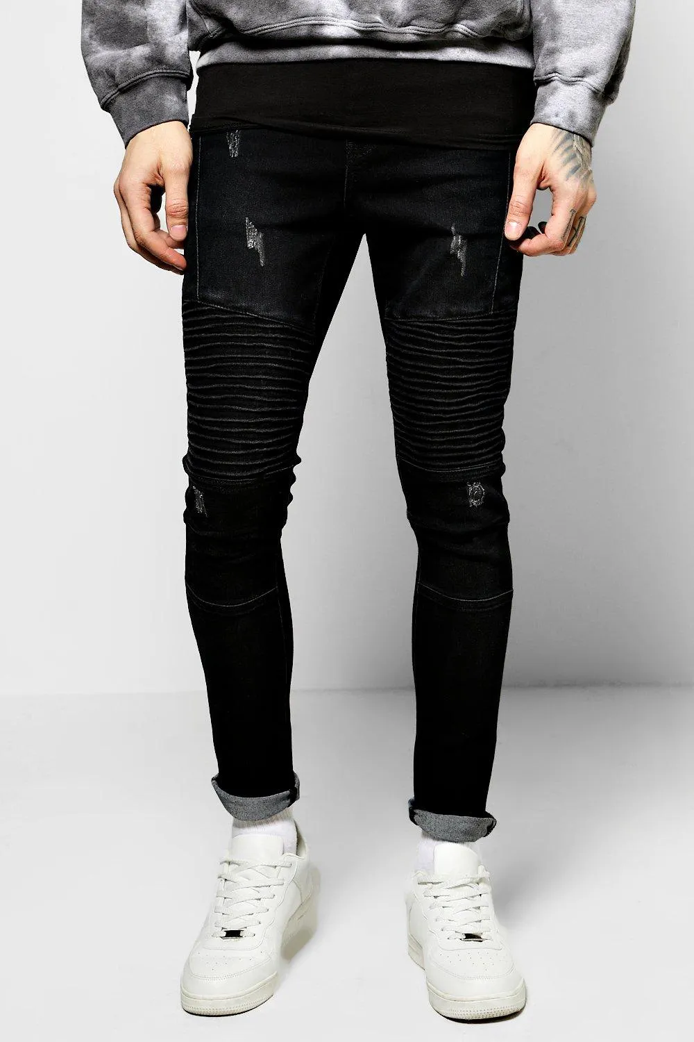 Skinny Ribbed Biker Jeans With Abrasions | boohooMAN UK