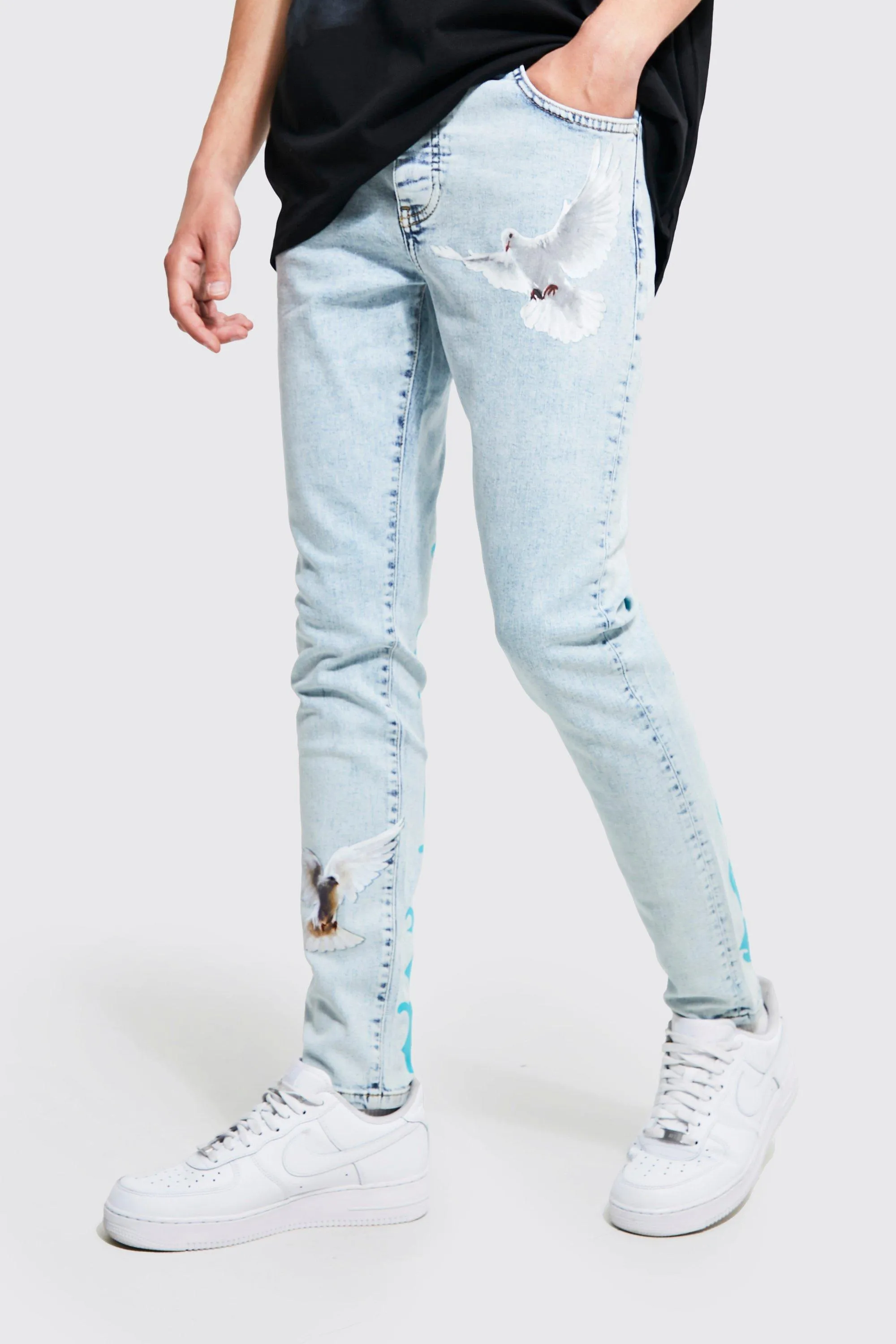 Skinny Stretch Official Dove Print Jeans | boohooMAN UK