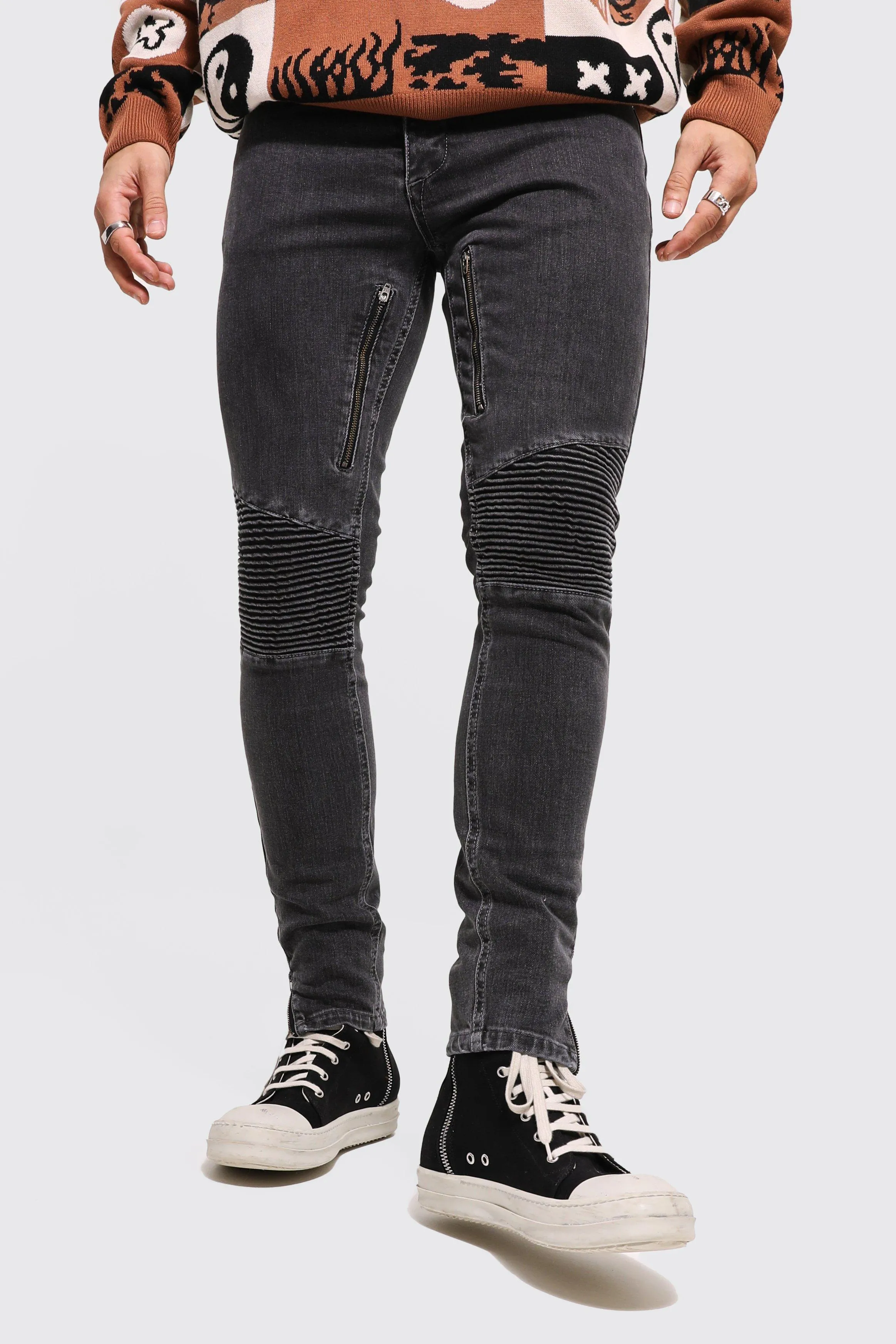 Skinny Stretch Zip Leg Biker Jeans | boohooMAN UK