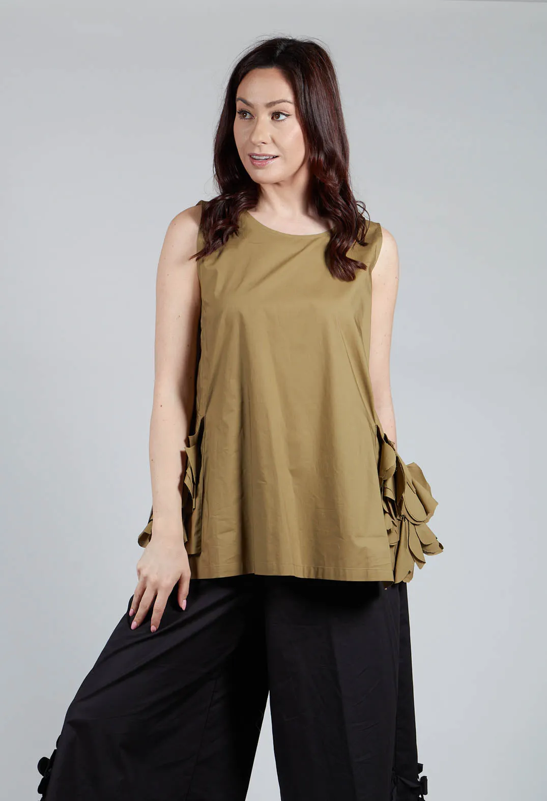 Sleeveless Top with Side Frill Feature in Avocado