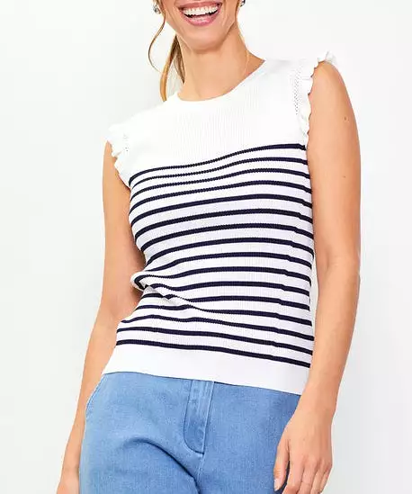 Stripe Ruffle Sleeve Knit Top - White/Navy