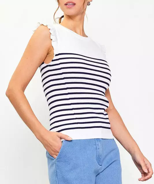 Stripe Ruffle Sleeve Knit Top - White/Navy