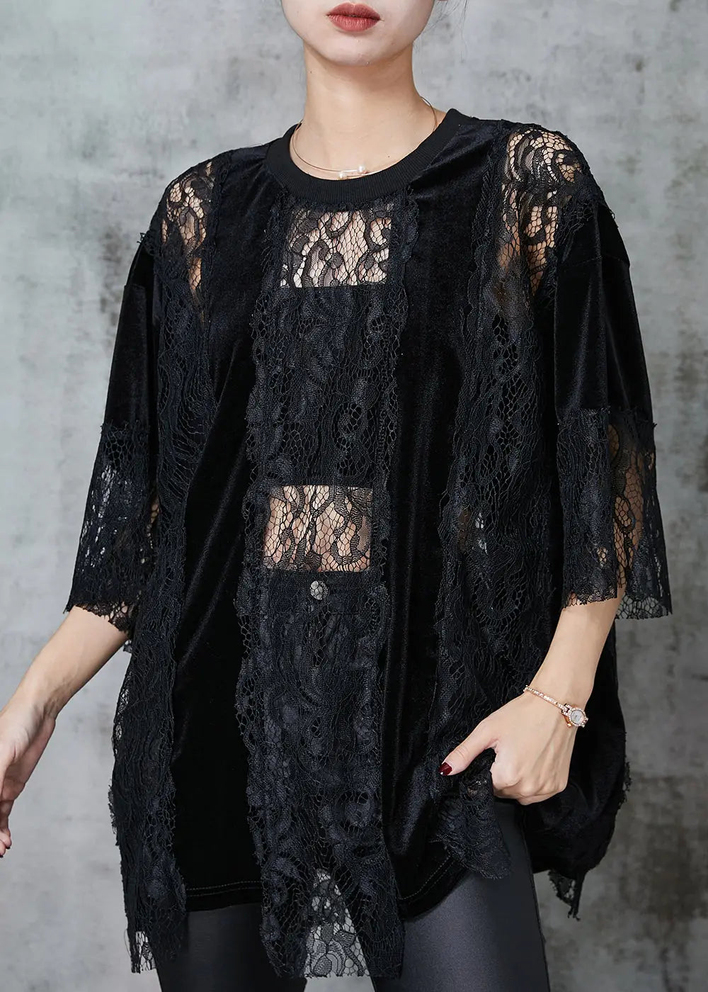 Style Black Hollow Out Patchwork Lace Shirts Summer JK1064