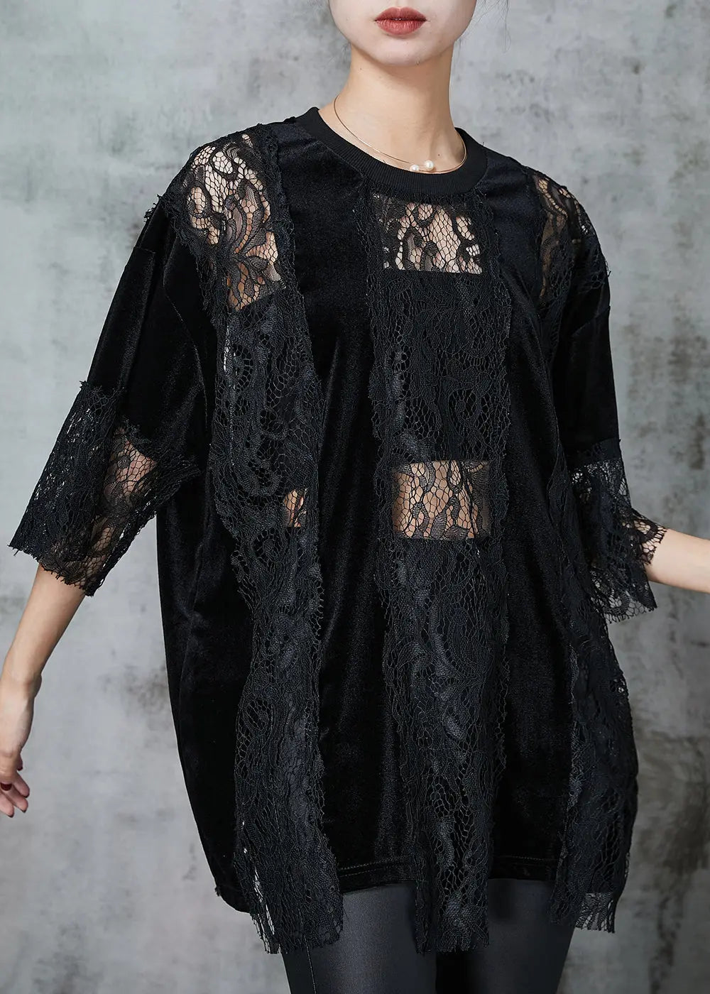 Style Black Hollow Out Patchwork Lace Shirts Summer JK1064