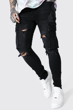 Super Skinny Multi Rip Cargo Jeans | boohooMAN UK