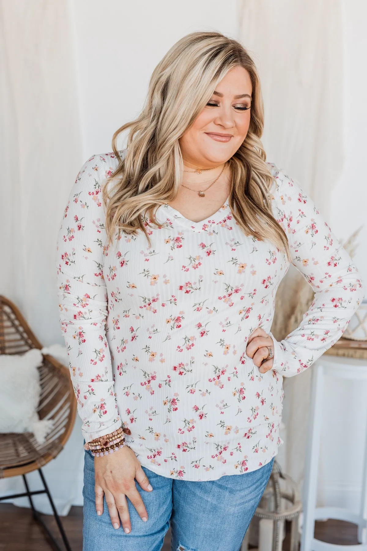 Sweet Aromas Floral Long Sleeve Top- Ivory