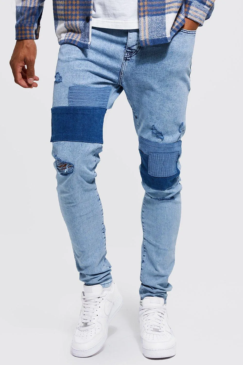 Tall Skinny Stretch Patchwork Jeans | boohooMAN UK