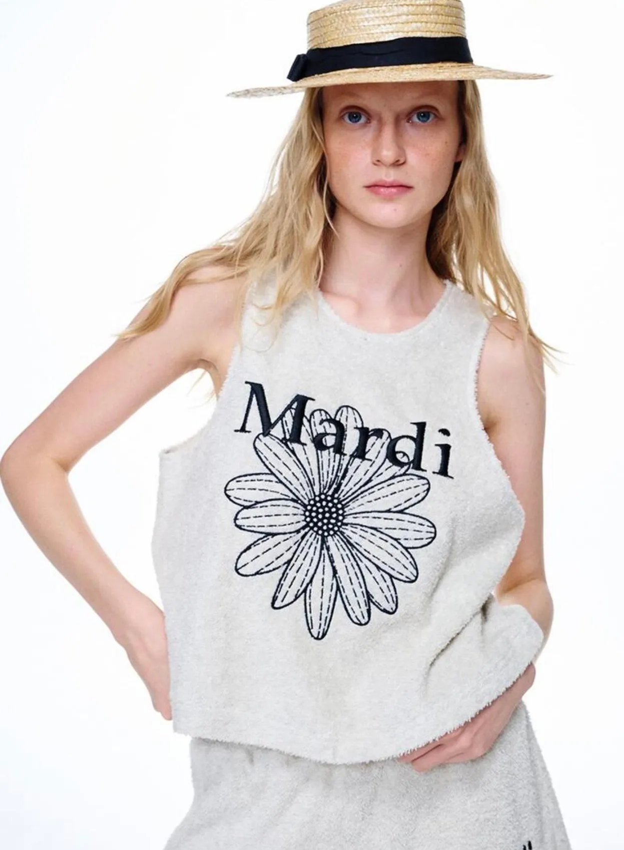 TERRY SLEEVELESS TOP FLOWERMARDI OATMEAL BLACK