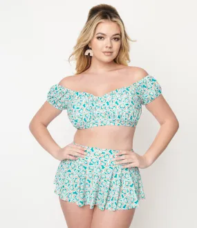 Unique Vintage 1940s Turquoise Retro Hearts Off The Shoulder Swim Top