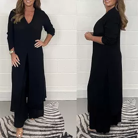 Women Two Piece Set Split Long Top Casual Wide Leg Pants Elegant Plus Size B-102316