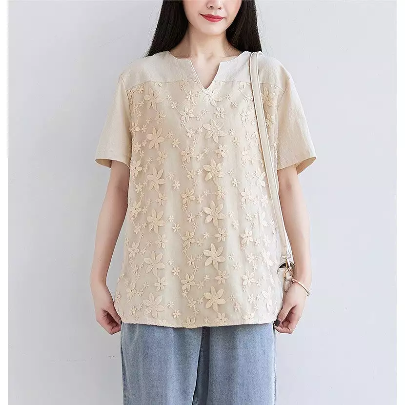 Women's lace embroidered short-sleeved tops