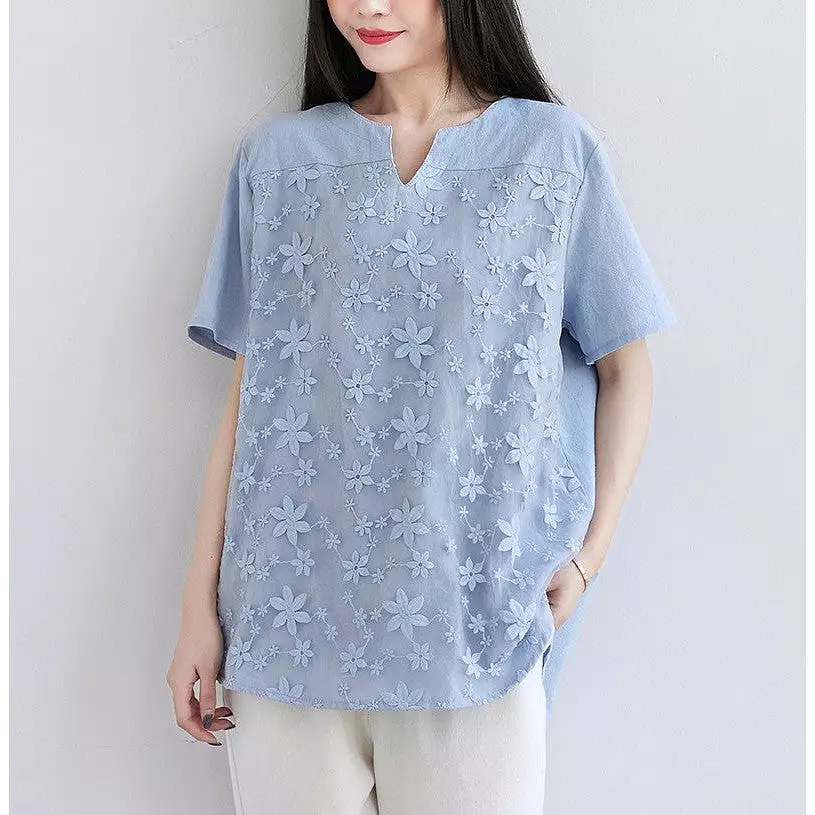 Women's lace embroidered short-sleeved tops