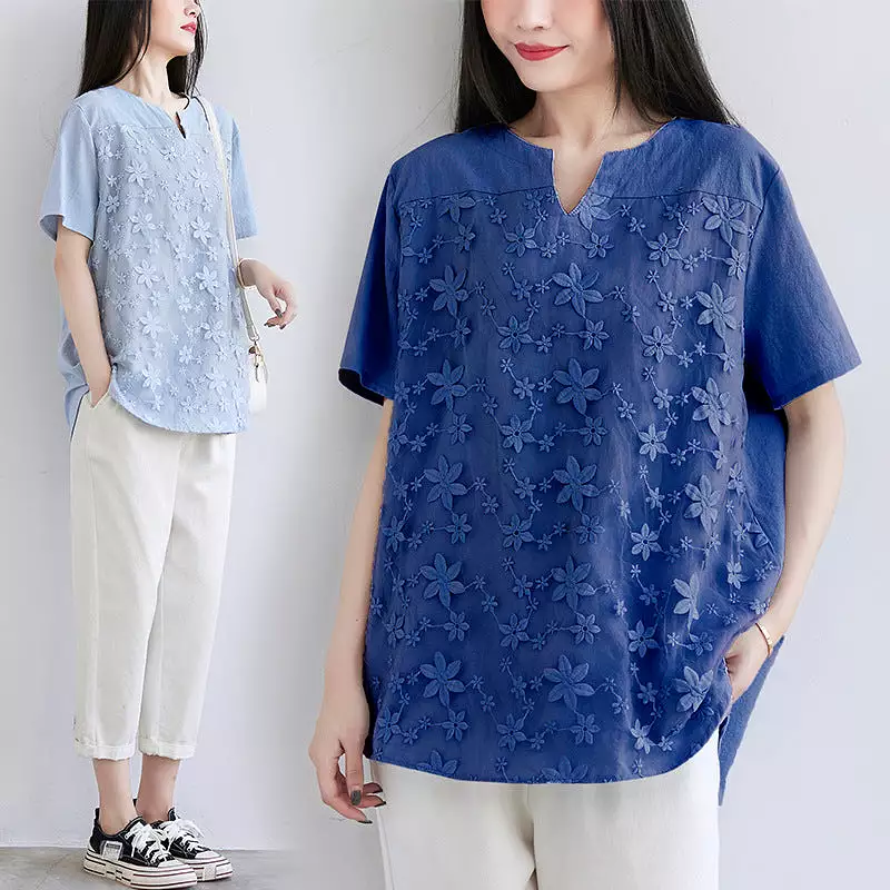 Women's lace embroidered short-sleeved tops